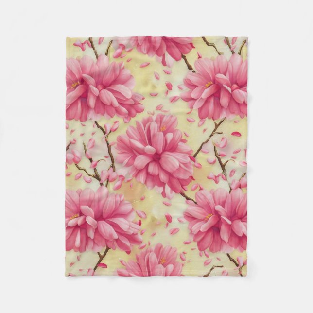 "Watercolor Cherry Blossom Floral Pattern" Fleece Blanket (Front)