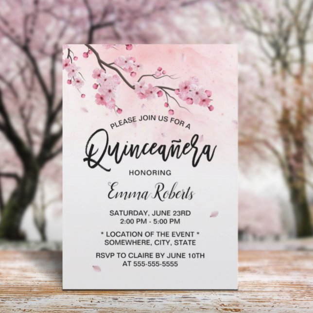 Watercolor Cherry Blossom Floral Quinceanera 15 Invitation