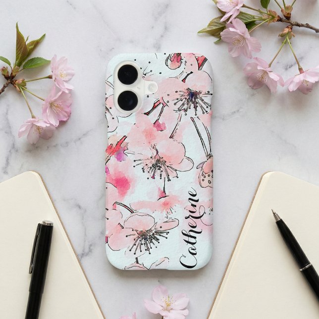 Watercolor Cherry Blossom Floral Script Name iPhone Case (Creator Uploaded)