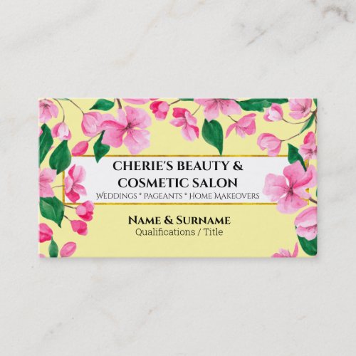 Watercolor cherry blossom flower pink yellow salon business card