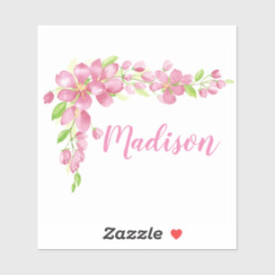 Watercolor Cherry Blossom Flowers Custom Name Sticker