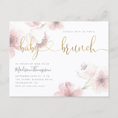 Watercolor Cherry Blossom Gold Baby Brunch Shower Invitation Postcard