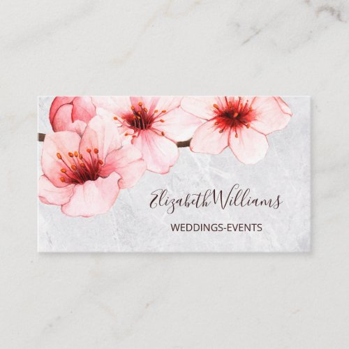 Watercolor Cherry Blossom Gray Marble  Qr Code Business Card