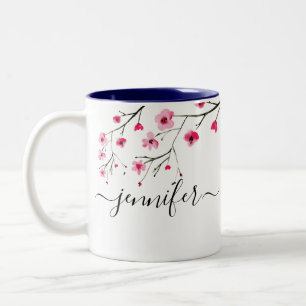 Watercolor Cherry Blossom handlettering name Two-Tone Coffee Mug