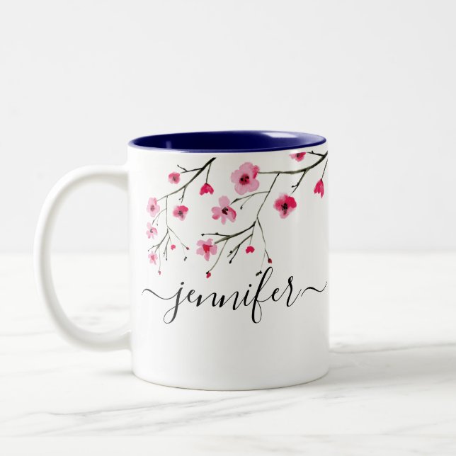 Watercolor Cherry Blossom handlettering name Two-Tone Coffee Mug (Left)