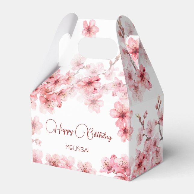 Watercolor Cherry Blossom Happy Birthday Favor Boxes (Front Side)