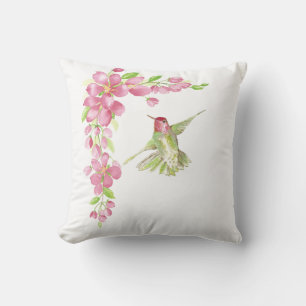 Watercolor Cherry Blossom & Hummingbird Throw Pillow