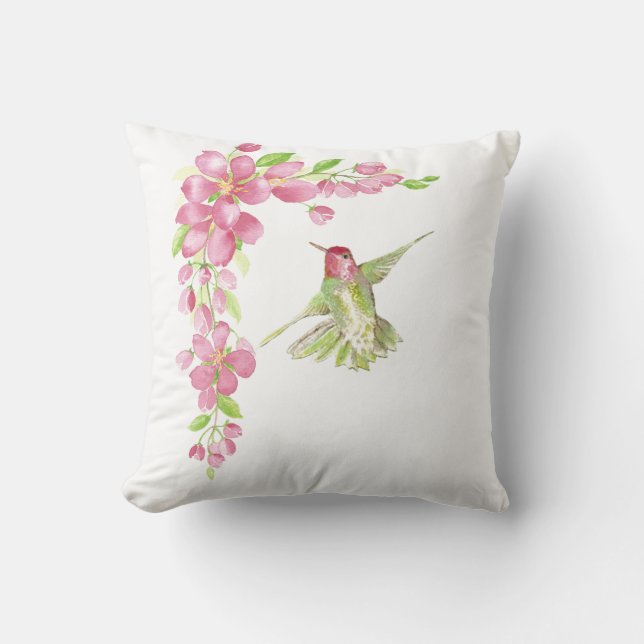 Watercolor Cherry Blossom & Hummingbird Throw Pillow (Front)