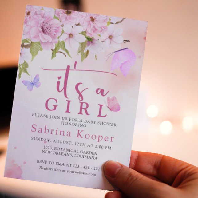  Watercolor Cherry Blossom It's a Girl Baby Shower Invitation (Creator Uploaded)