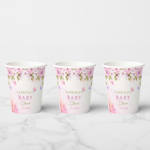 Watercolor Cherry Blossom Its a Girl Baby Shower Paper Cups