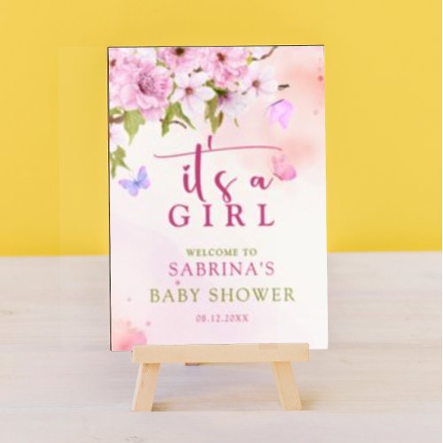 Watercolor Cherry Blossom Its a Girl Welcome Sign
