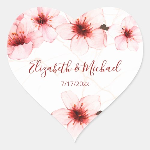 Watercolor Cherry Blossom Marble   Wedding Heart Sticker