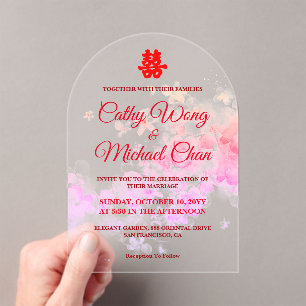 Watercolor cherry blossom modern Chinese wedding Acrylic Invitations