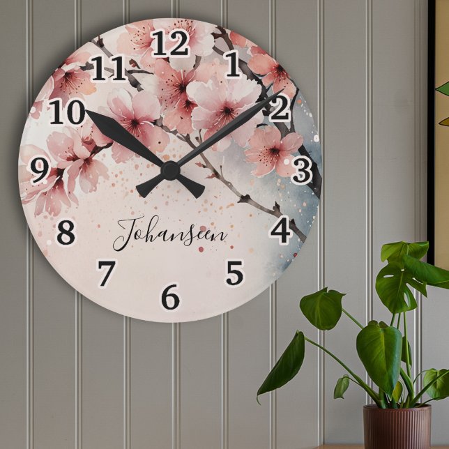 Watercolor Cherry Blossom Modern Girly Script Name Round Clock (Creator Uploaded)
