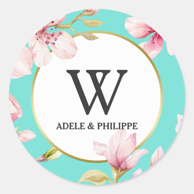 Watercolor Cherry Blossom Monogram Classic Round Sticker (Front)