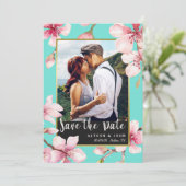 Watercolor Cherry Blossom Photo Save the Date (Standing Front)