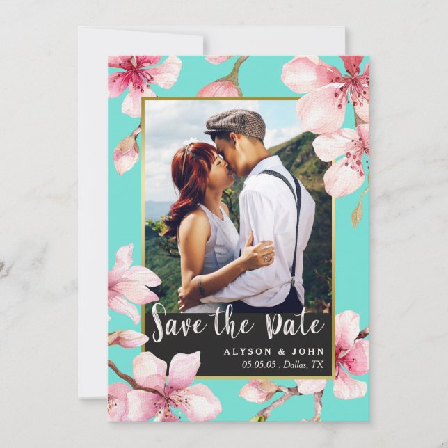 Watercolor Cherry Blossom Photo Save the Date (Front)