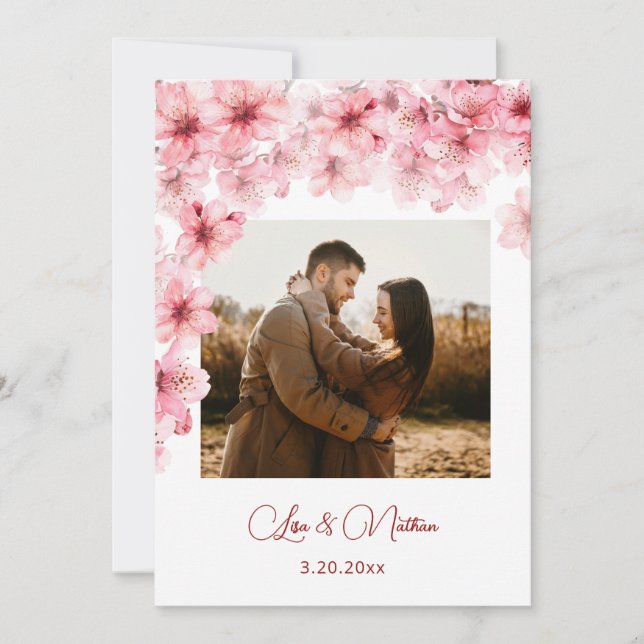 Watercolor Cherry Blossom Photo Wedding Save The Date (Front)