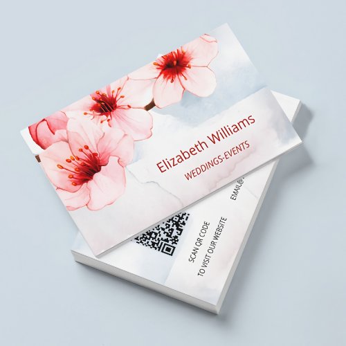 Watercolor Cherry Blossom Pink Blush   Qr Code  Business Card