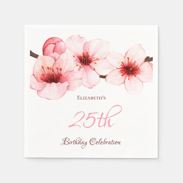 Watercolor Cherry Blossom Pink White Birthday Napkins (Front)