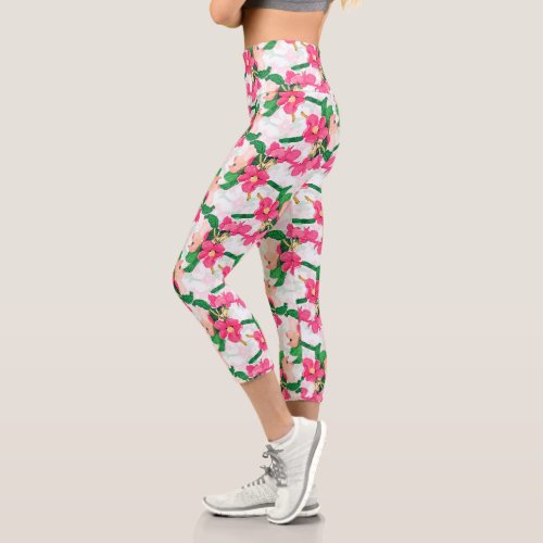 Watercolor Cherry Blossom Pink  White Floral Capri Leggings