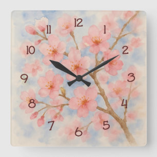 Watercolor Cherry Blossom Soft Floral Art Square Wall Clock