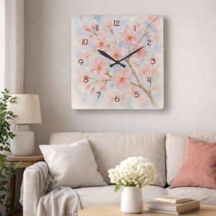 Watercolor Cherry Blossom Soft Floral Art Square Wall Clock