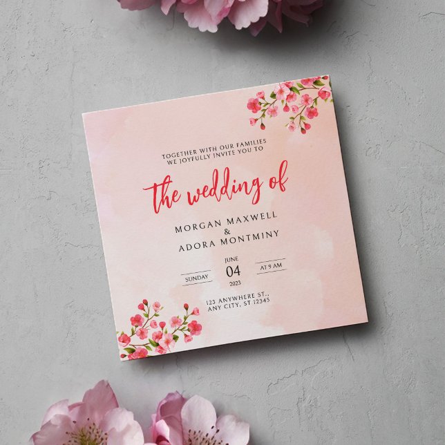 Watercolor Cherry Blossom Spring Square Wedding Invitation (Creator Uploaded)