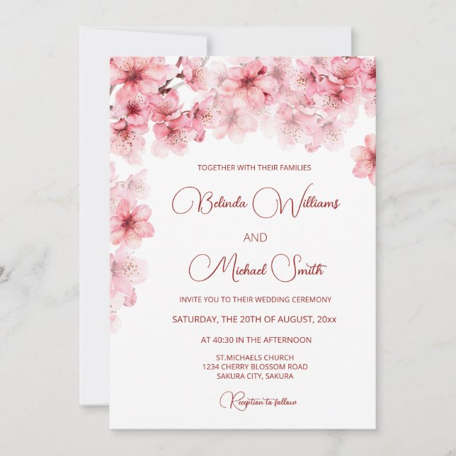 Watercolor Cherry Blossom Wedding Invitation (Front)