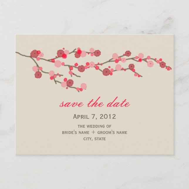 Watercolor Cherry Blossom Wedding Save The Date Announcement Postcard (Front)