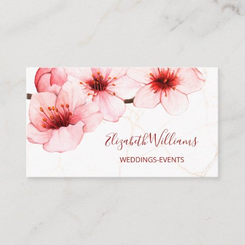 Watercolor Cherry Blossom White Marble  Qr Code Business Card