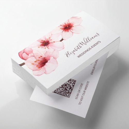 Watercolor Cherry Blossom White   Qr Code Business Card