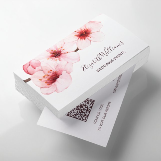 Watercolor Cherry Blossom White  | Qr Code Business Card (Creator Uploaded)