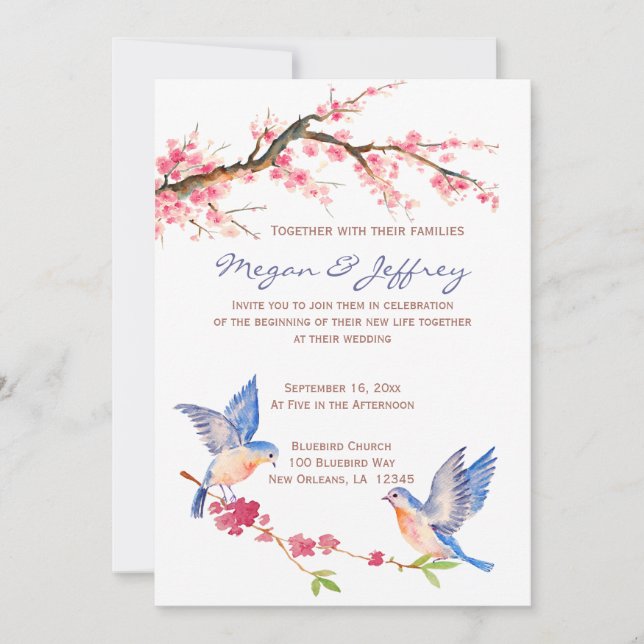 Watercolor Cherry Blossom with BlueBirds Invitation (Front)