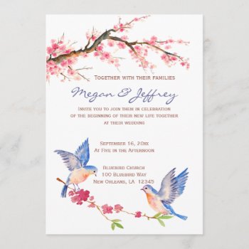 Watercolor Cherry Blossom With Bluebirds Invitation by perfectwedding at Zazzle