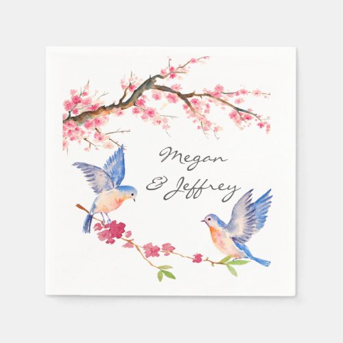 Watercolor Cherry Blossom with BlueBirds Paper Napkins