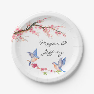 Watercolor Cherry Blossom with BlueBirds Paper Plates