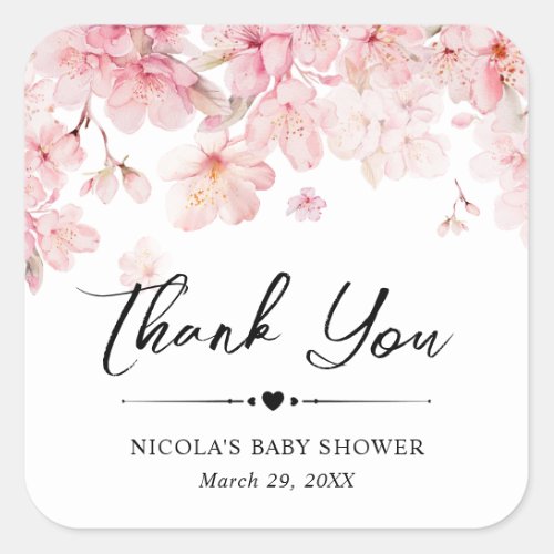 Watercolor Cherry Blossom Wreath Baby Shower Square Sticker