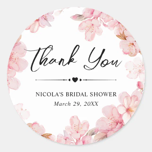 Watercolor Cherry Blossom Wreath Bridal Shower Classic Round Sticker ...