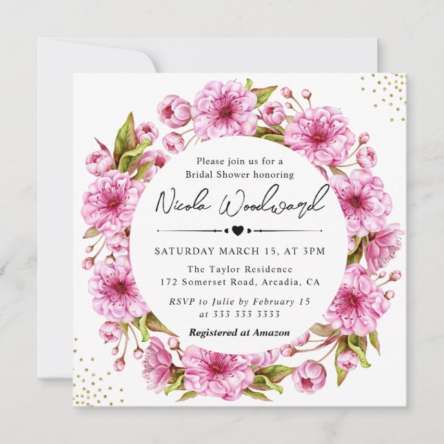 Watercolor Cherry Blossom Wreath Bridal Shower Invitation (Front)