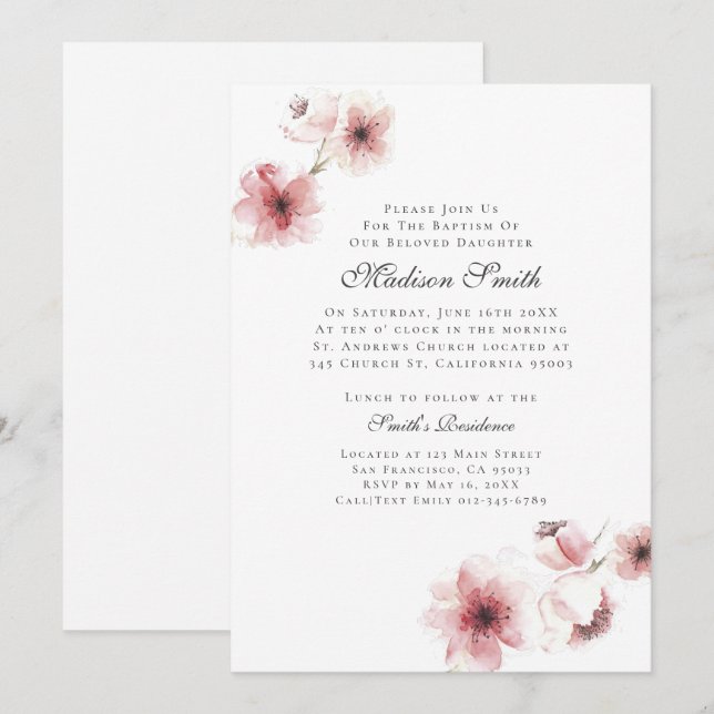 Watercolor Cherry Blossoms Baptism Invitation (Front/Back)