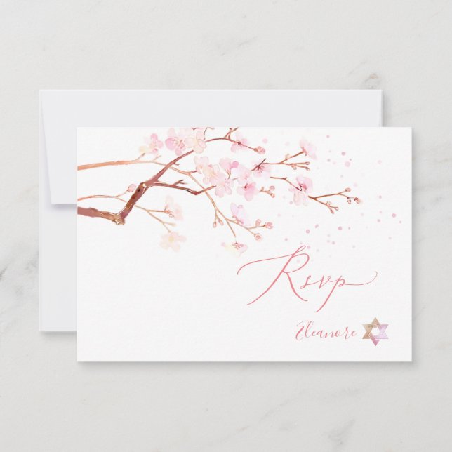 Watercolor Cherry Blossoms Bat Mitzvah ✡ RSVP Card (Front)