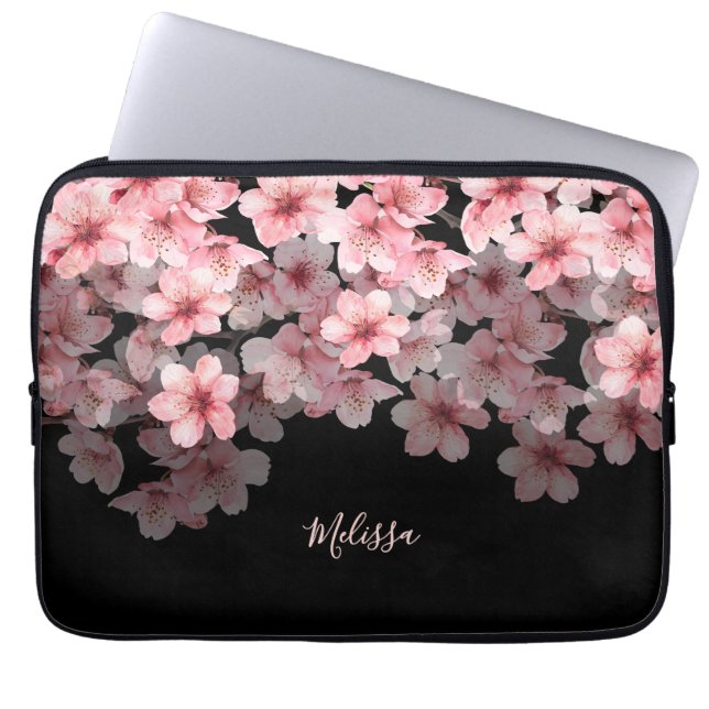 Watercolor Cherry Blossoms Black Pink | Your Name Laptop Sleeve (Front)