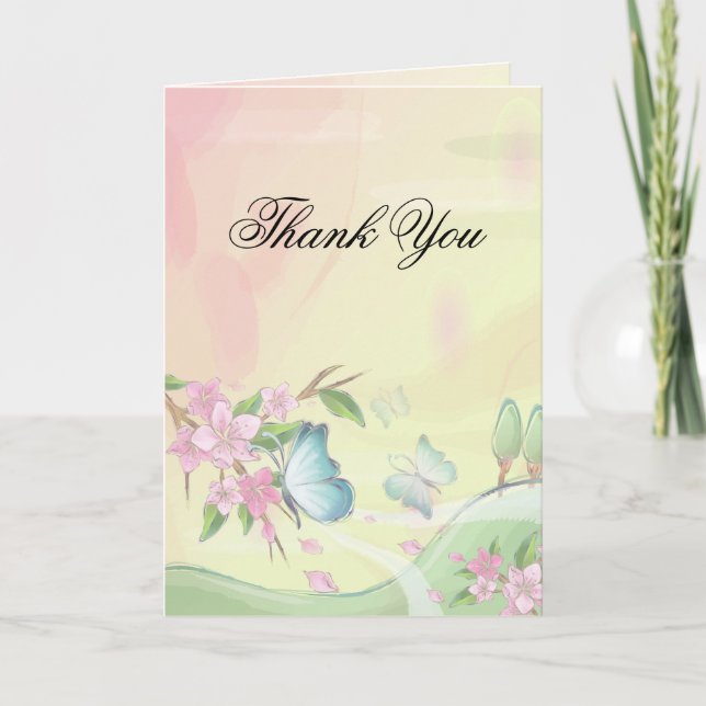 Watercolor Cherry Blossoms Butterflies Thank You Card (Front)