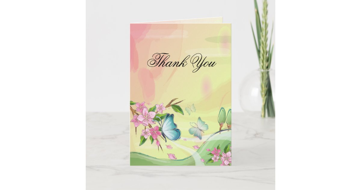 Watercolor Cherry Blossoms Butterflies Thank You Card | Zazzle