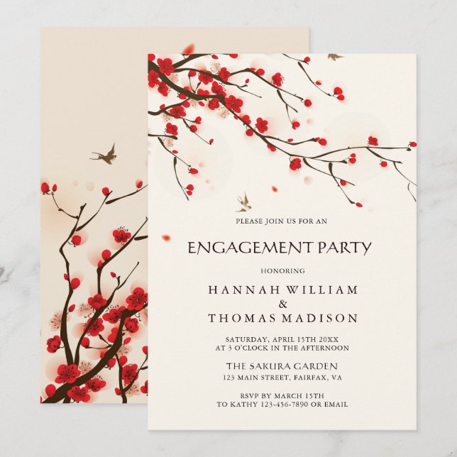 Watercolor Cherry Blossoms Floral Engagement Party Invitation (Front/Back)