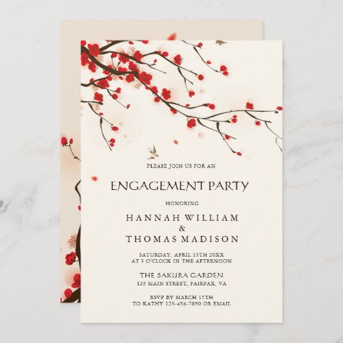 Watercolor Cherry Blossoms Floral Engagement Party Invitation