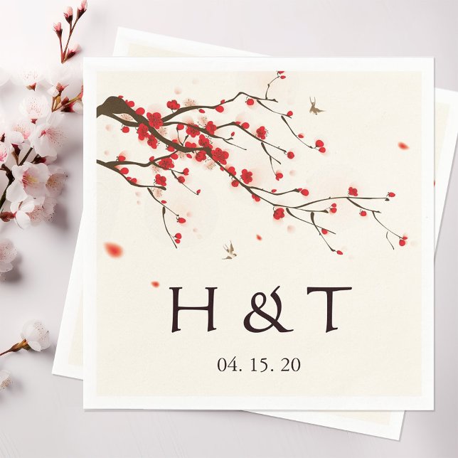 Watercolor Cherry Blossoms Floral Wedding Monogram Napkins (Creator Uploaded)