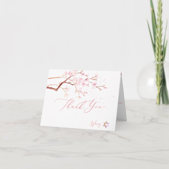 Watercolor Cherry Blossoms Mitzvah ✡ Thank You Card (Front)