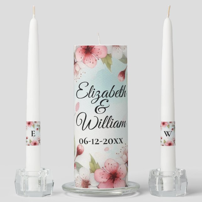 Watercolor cherry blossoms monogram wedding  unity candle set (Front)